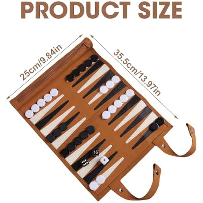 rayihni طقم لعبة الطاولة، 35.5 × 25 سم، طقم طاولة كلاسيكي، طاولة سفر للطاولة، لعبة سفر محمولة للطي، لعبة لوحية بمظهر جلد للكبار، المراهقين، عشاق السفر، بني - Image 3